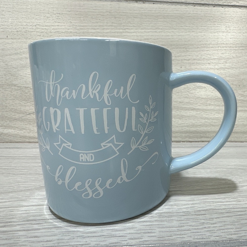 MANNA Blue & White Ceramic 15 oz Coffee Mug "Thankful Grateful Blessed"